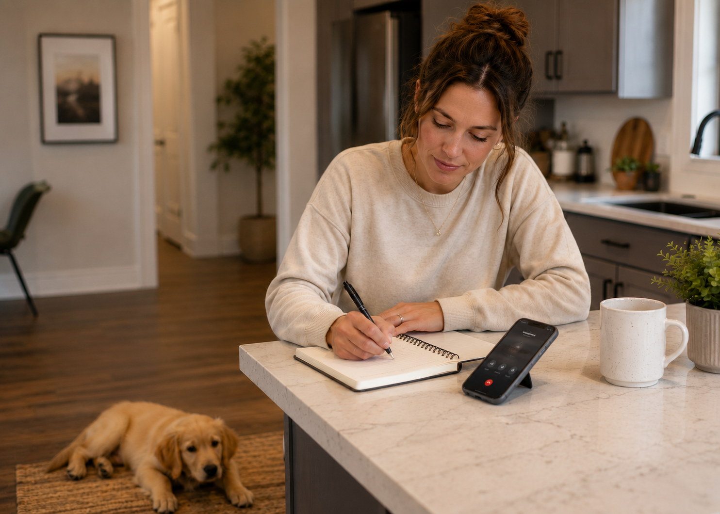 Dog owner completing a personalized training evaluation while observing their puppy's behavior at home.