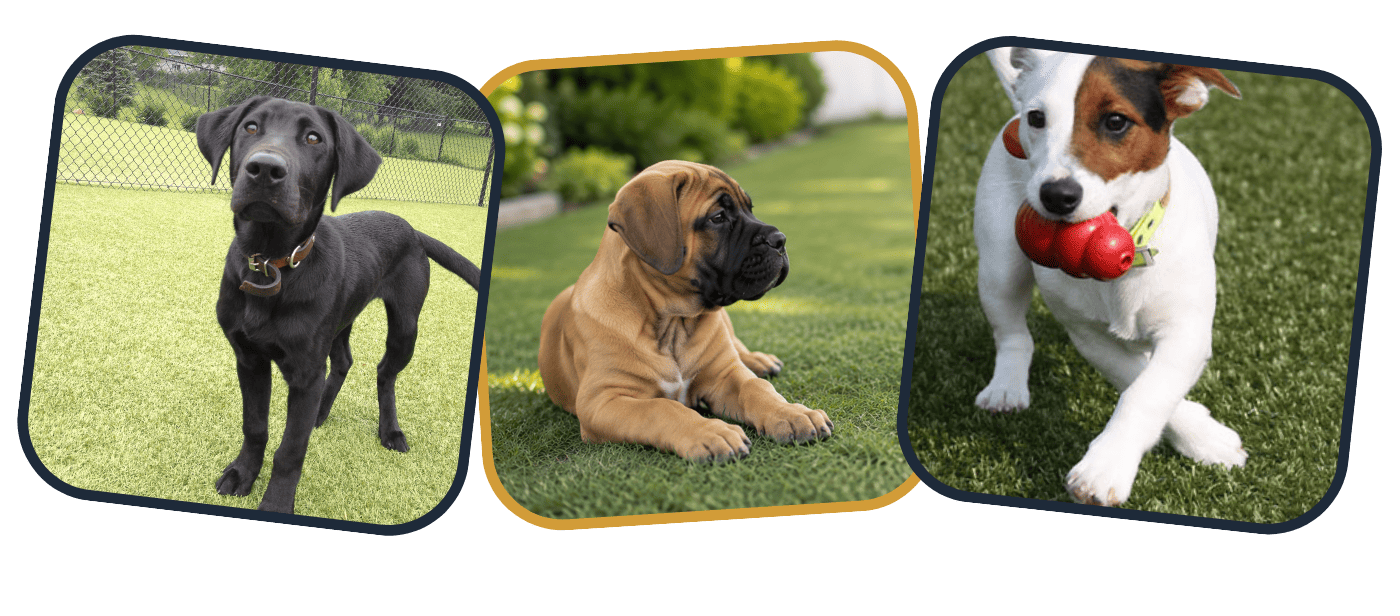 Black Labrador, Bullmastiff puppy, and Jack Russell Terrier representing different puppy breeds, sizes, and personalities.