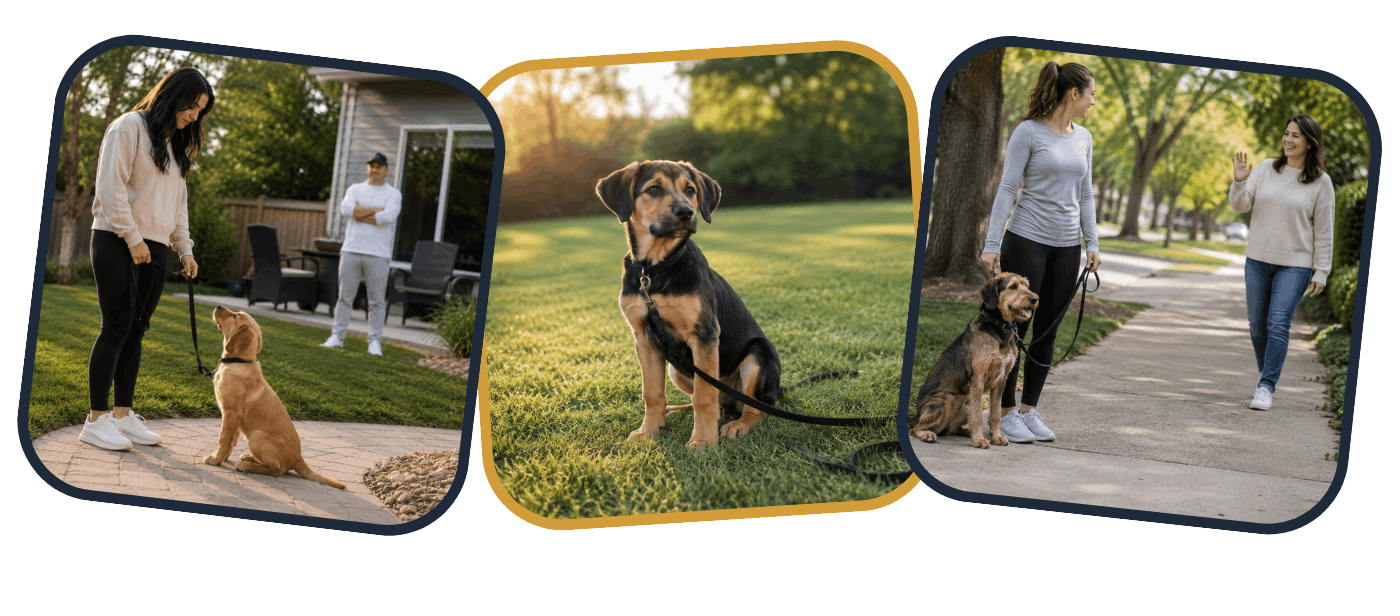 Owner practicing sit, leash control, and calm neighborhood behavior with a young dog during in-home training.