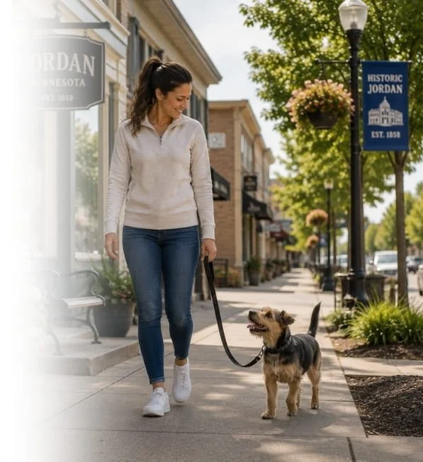 Woman practicing loose-leash walking with her dog through downtown Jordan, Minnesota.