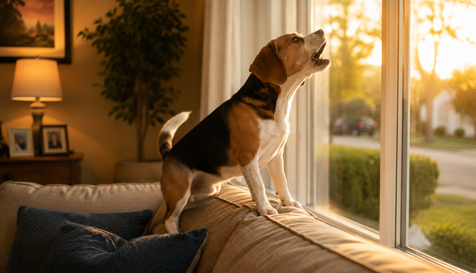 Beagle barking at activity outside the window before learning calm behavior through foundation training.