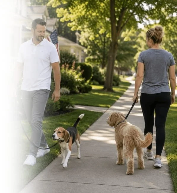 Dog walking calmly past another dog and owner on a neighborhood sidewalk during leash training.