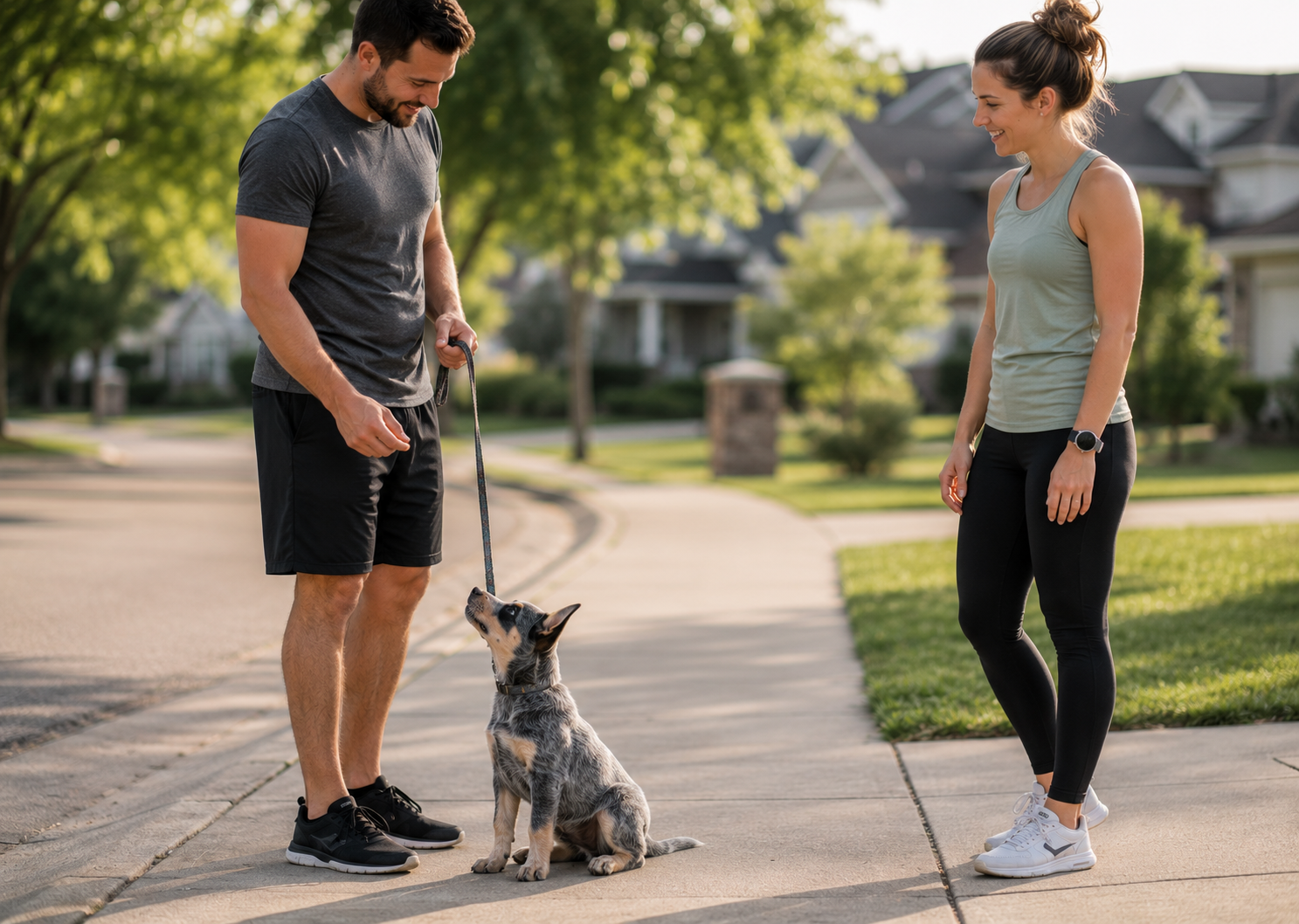 Dog owner practicing leash training with guidance from a professional trainer during a personalized coaching session.
