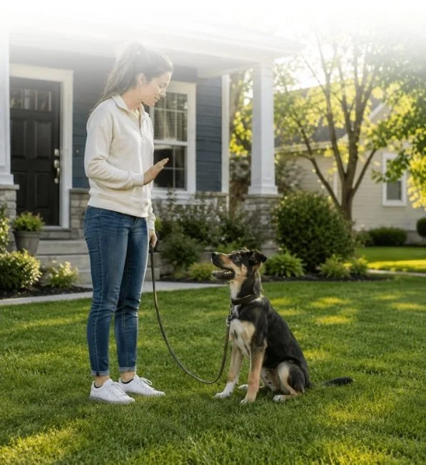 Woman practicing a sit command and calm obedience with her dog during in-home dog training.