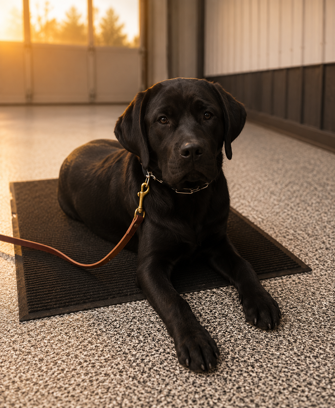 Black Labrador demonstrating calm focus during a structured on-leash obedience training session.