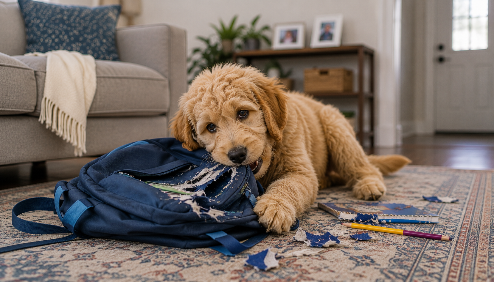 Golden Retriever puppy chewing a backpack, demonstrating destructive behavior that can be redirected through proper structure, supervision, and puppy training.