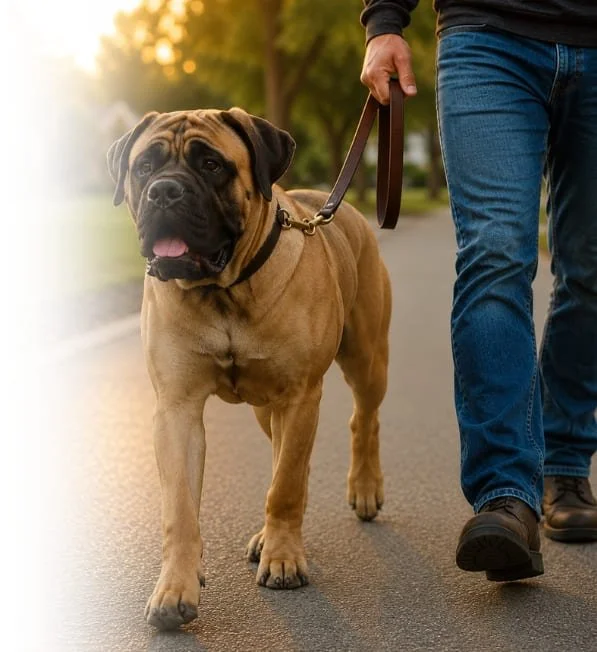 Bullmastiff walking calmly on leash beside its owner during an outdoor dog training session.