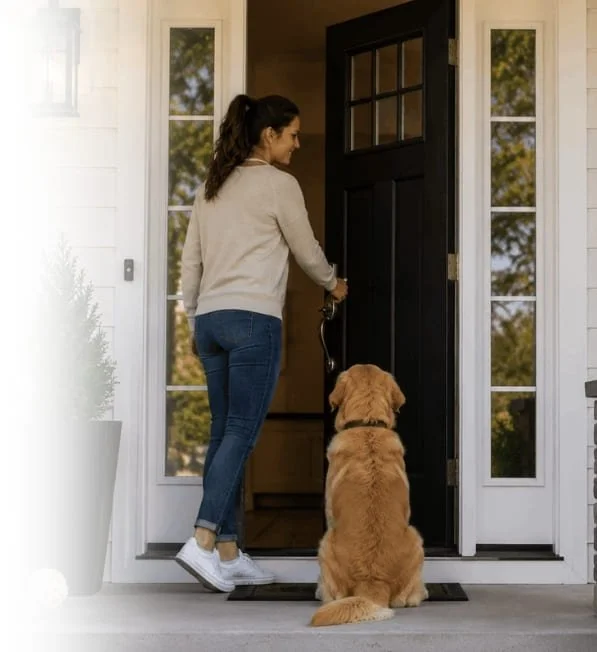 Golden Retriever sitting calmly at the front door while its owner practices door manners and impulse control.