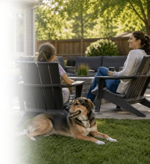 Calm dog relaxing in the backyard while the family spends time together outdoors.