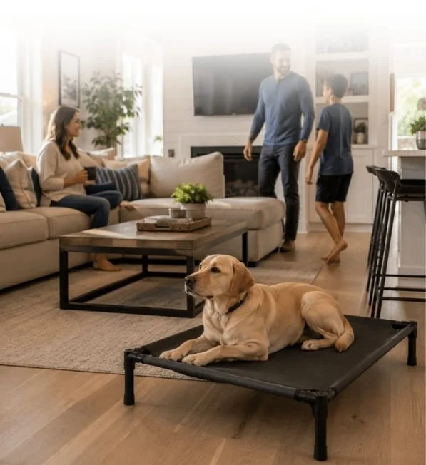 Yellow Labrador calmly holding place on an elevated dog bed while the family moves around the home.