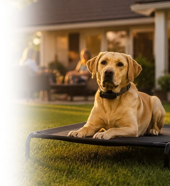 Yellow Labrador calmly holding place on an elevated dog bed during backyard training with family nearby.