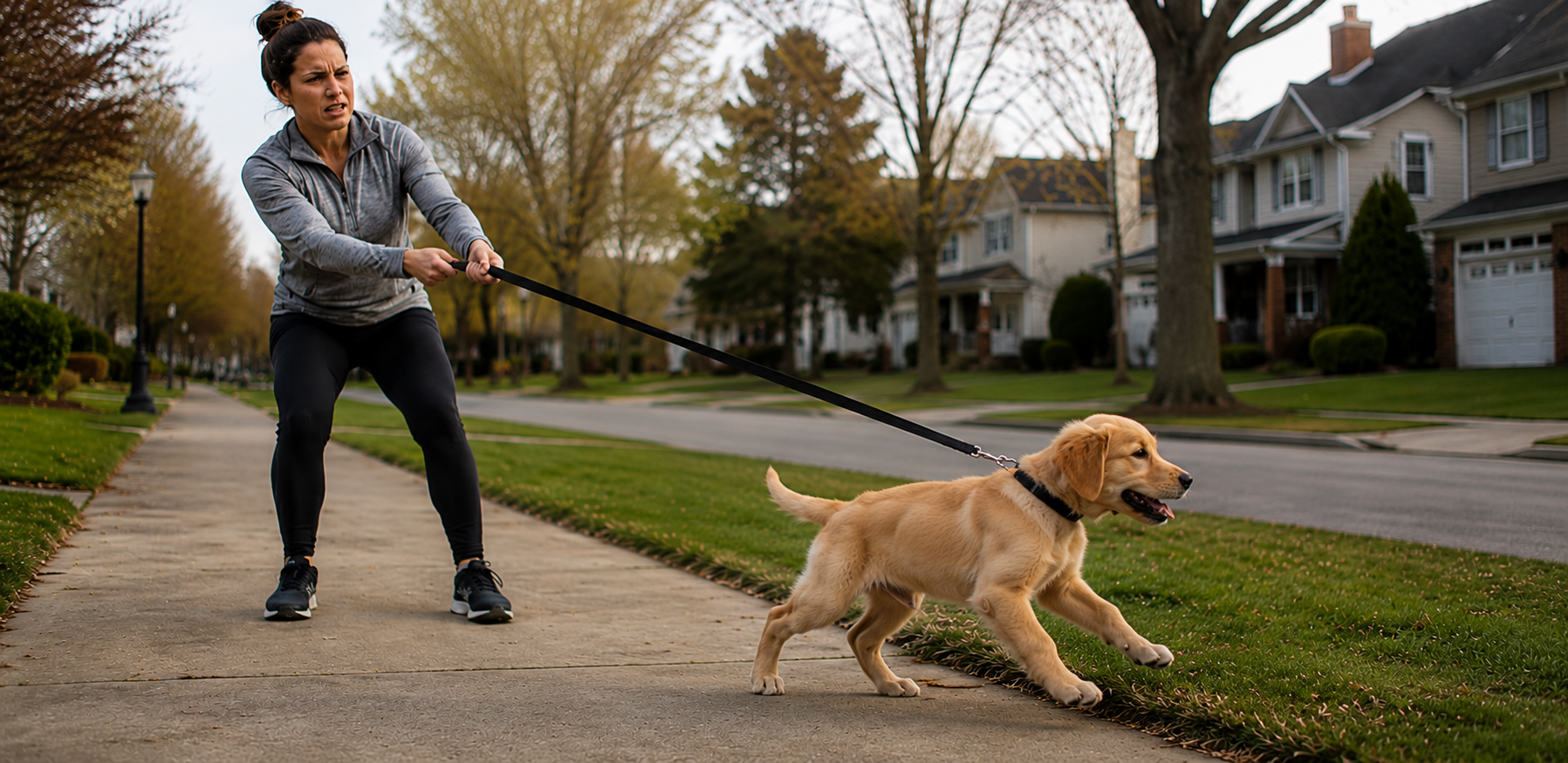 Woman struggling to walk puppy calmly on leash.