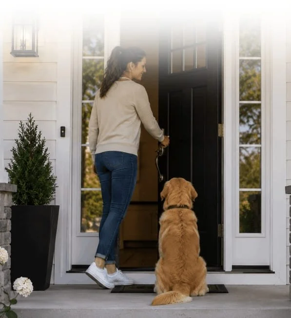 Golden Retriever sitting calmly at the front door while its owner practices door manners and impulse control.