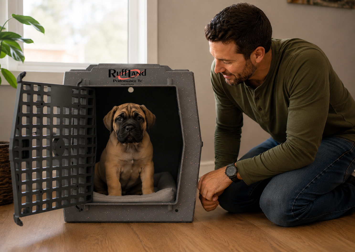 Bullmastiff puppy learning confidence through personalized crate training with guidance from a professional dog trainer.