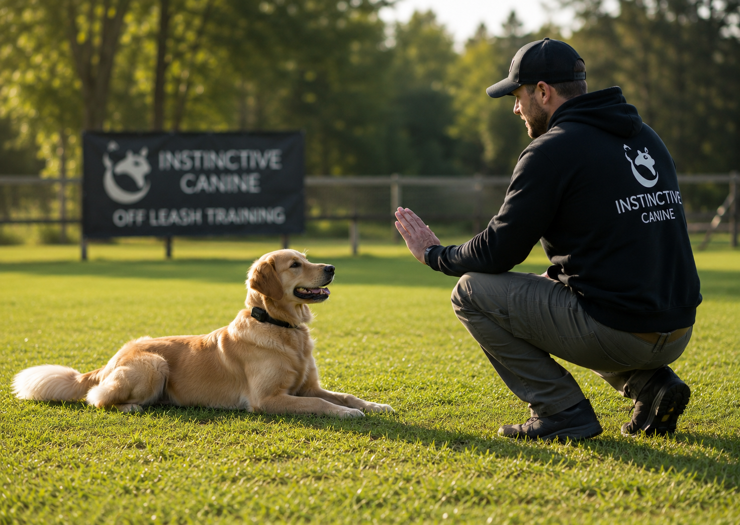 Dog trainer providing a down command while training.