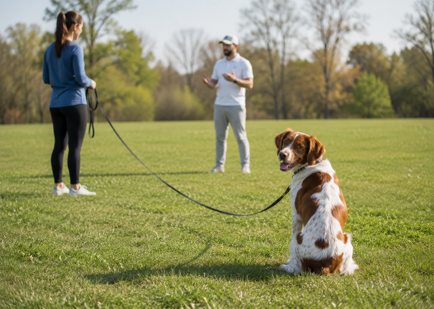Dog trainer coaching an owner and Brittany Spaniel through foundation training, building reliable communication one lesson at a time.