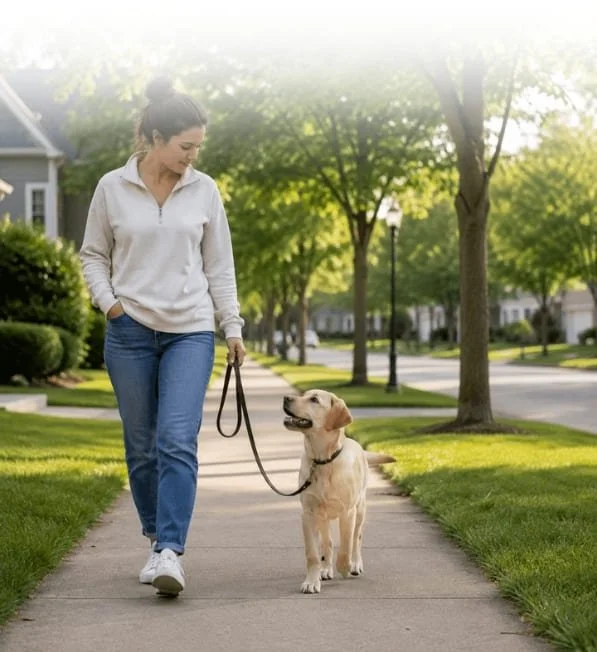 Woman practicing loose-leash walking with a young yellow Labrador on a neighborhood sidewalk.