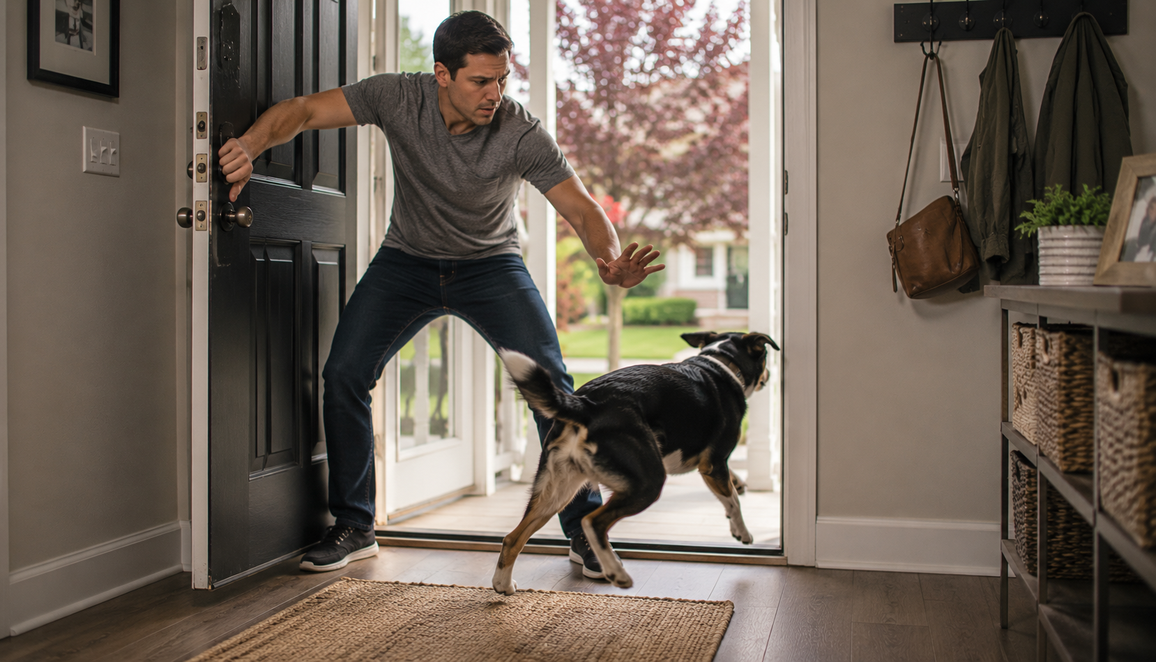 Owner struggling to stop his dog from bolting out the door.