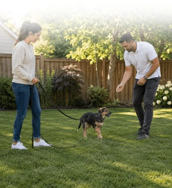 Dog trainer coaching an owner during a backyard leash training session with a young dog.
