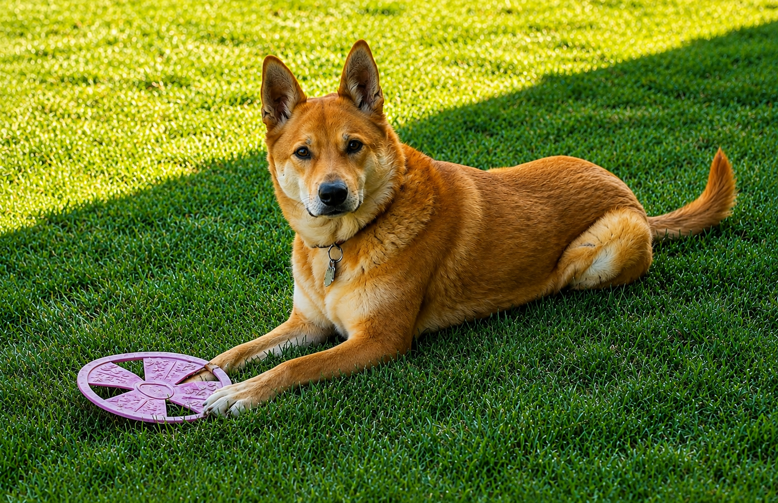 Shiba Inu mix relaxing on the lawn with a frisbee after professional obedience training.
