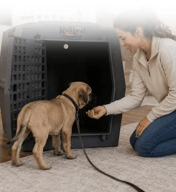 Woman introducing a young puppy to a Ruff Land kennel during in-home crate training.