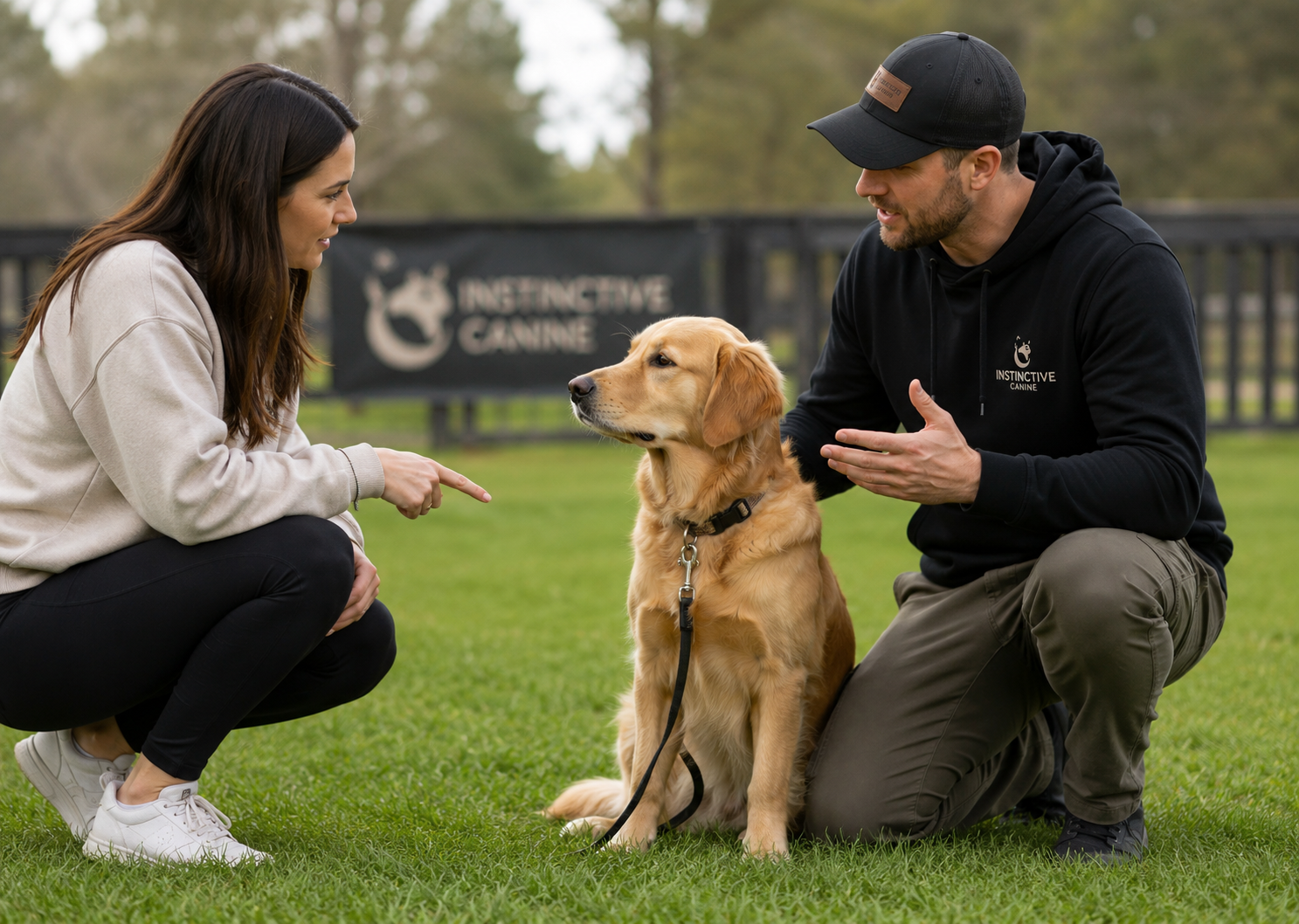 Golden retriever in the foundation on-leash training program with trainer and owner.