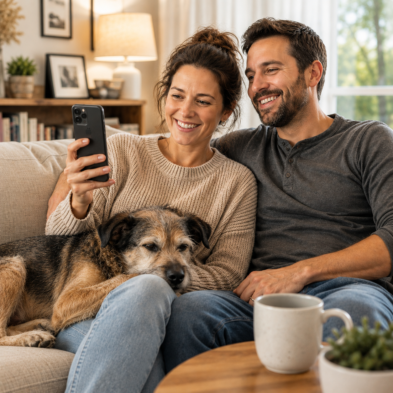 Couple relaxing with their family dog while scheduling a professional dog training consultation on their phone.