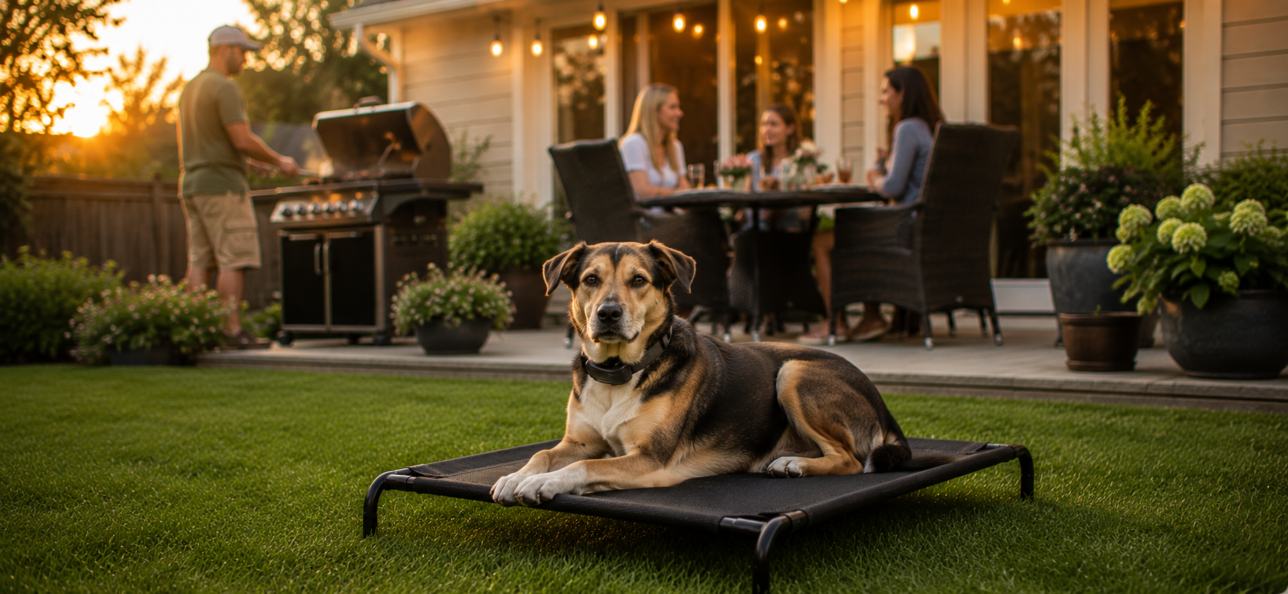 Dog enjoying backyard activities while on his place command
