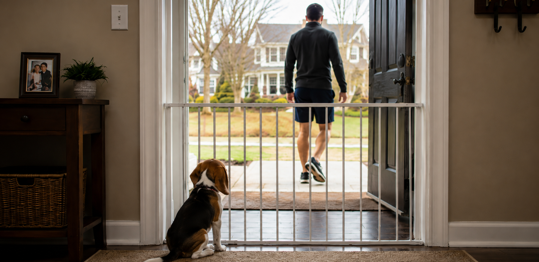 Beagle puppy waiting behind a baby gate while watching its owner leave the house, illustrating limited freedom before training.