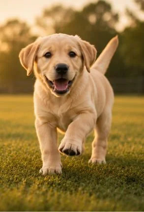 Yellow Labrador Instinctive Puppy™ Training happily walking across the grass during a professional puppy training program.
