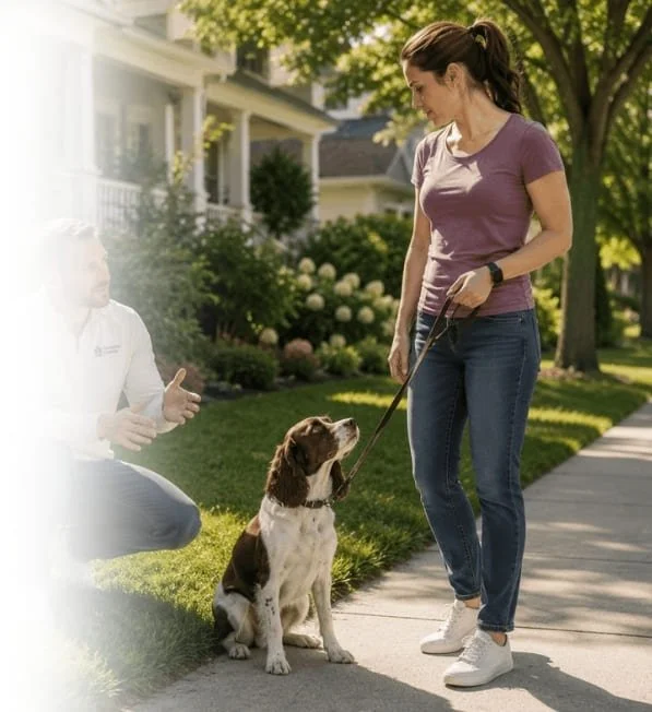 Dog trainer coaching a woman as she practices leash handling and obedience with her Springer Spaniel.