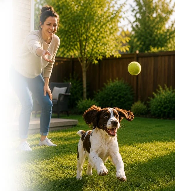 Woman playing fetch with a young Springer Spaniel puppy in the backyard.