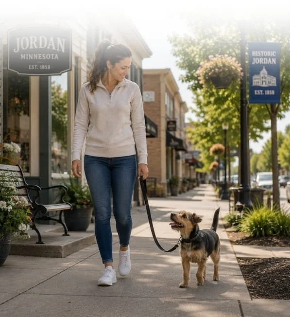 Woman practicing loose-leash walking with her dog through downtown Jordan, Minnesota.
