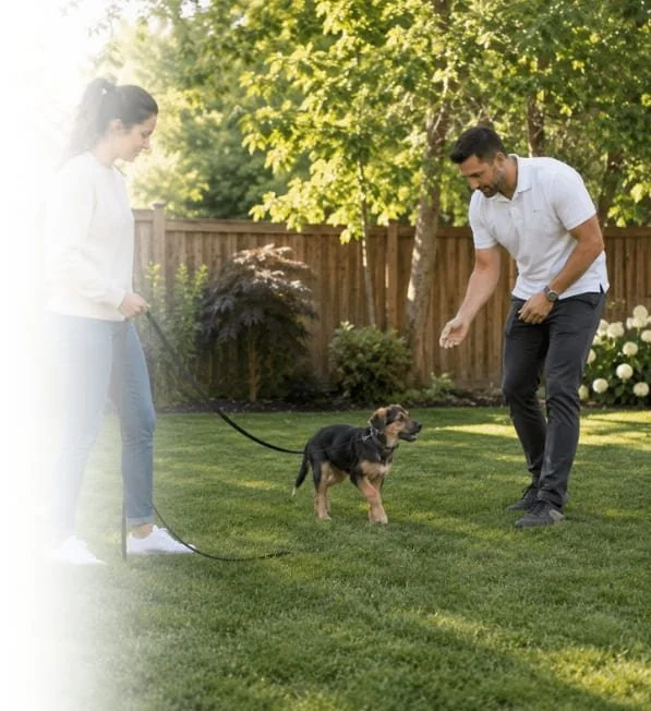 Dog trainer coaching an owner during a backyard leash training session with a young dog.