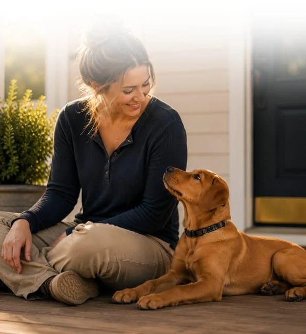 Woman sitting beside a calm young dog at the front door during in-home puppy training.
