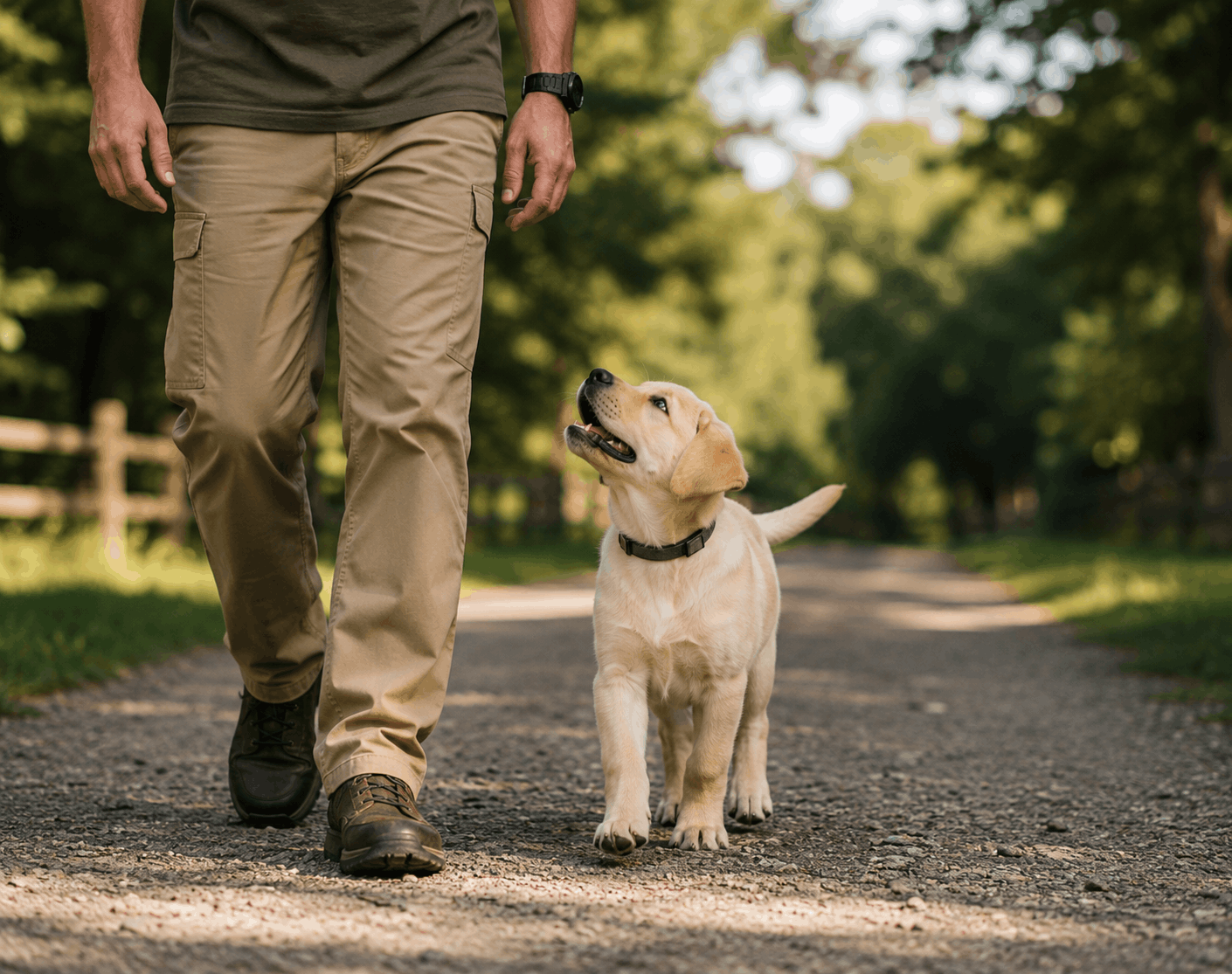 Young Labrador puppy walking beside its owner while maintaining engagement and focus during an early training session.