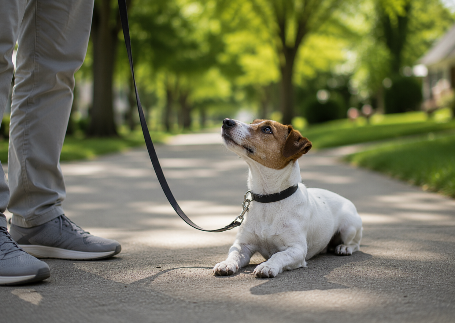 Jack Russell Terrier puppy learning calm focus and clear communication while looking to its handler for guidance during foundation training.
