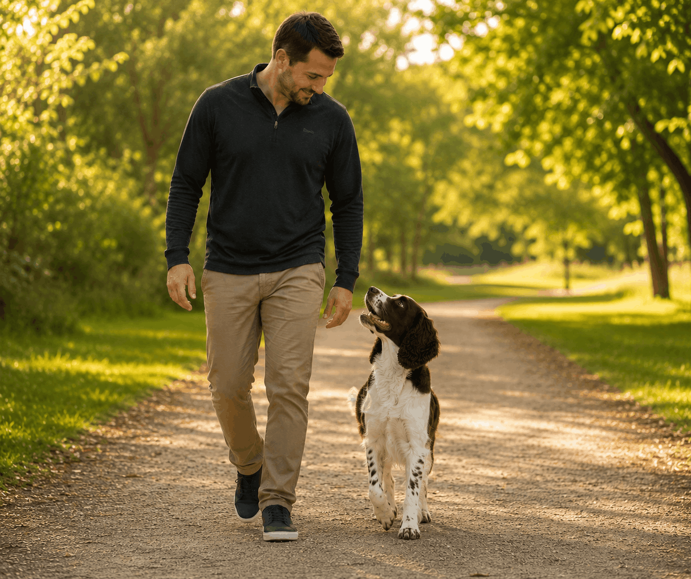 Springer Spaniel walking off leash beside its owner while maintaining focus and engagement during the Instinctive Foundation Plus Program.