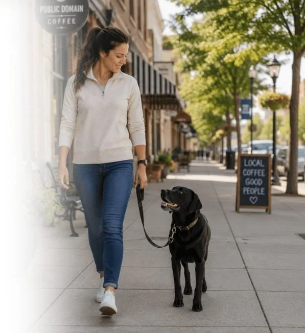 Woman practicing loose-leash walking with a black Labrador through a downtown neighborhood with everyday distractions.