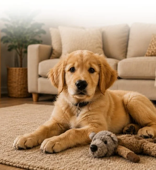 Golden Retriever puppy lying calmly in the living room with toys during early puppy training.