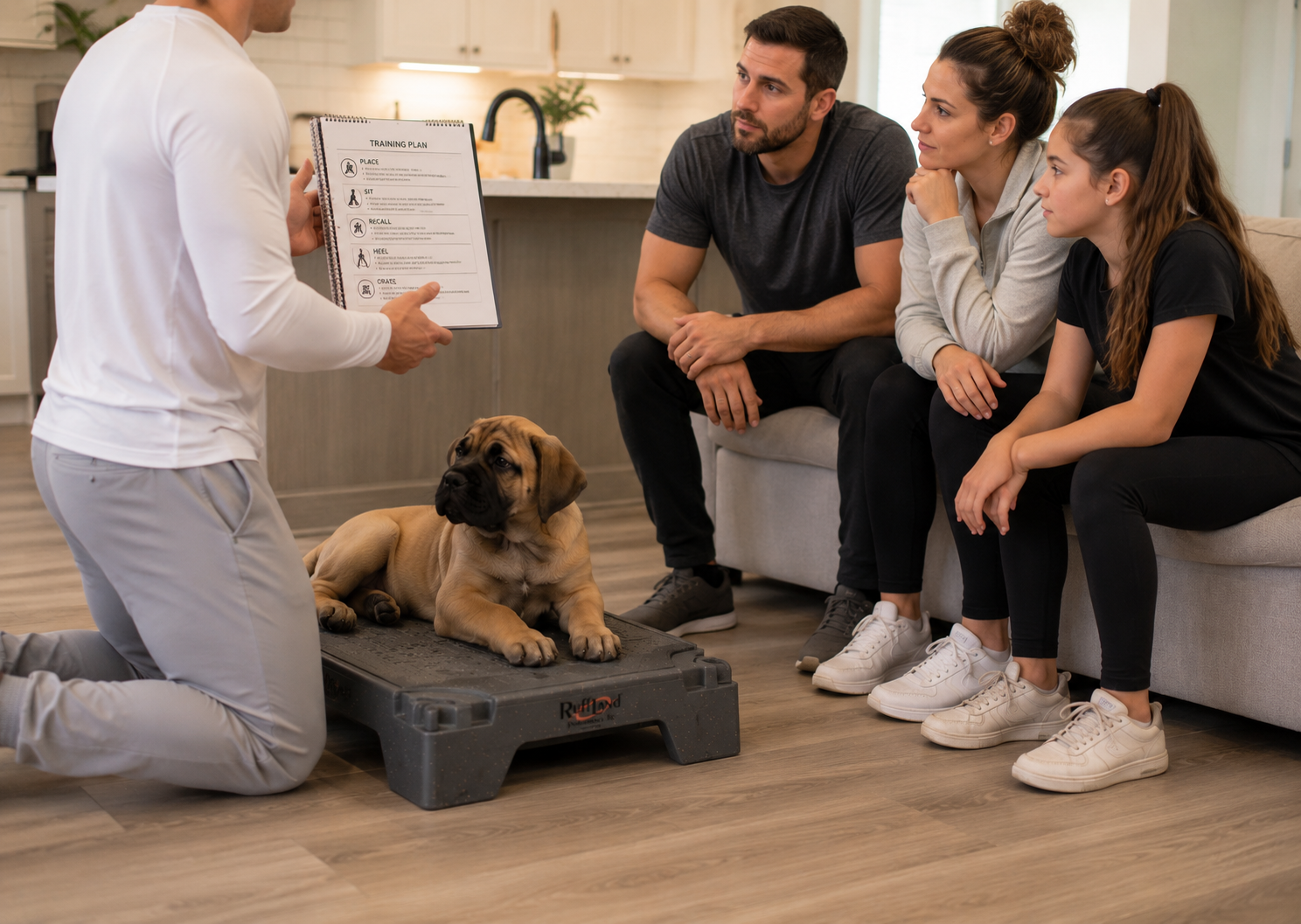 Family learning how to communicate with their puppy through personalized dog training and owner coaching.