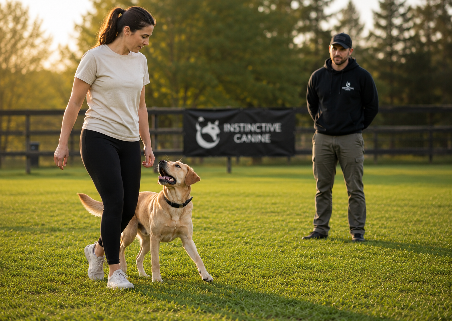 Owner walking dog off-leash while trainer watches to support.