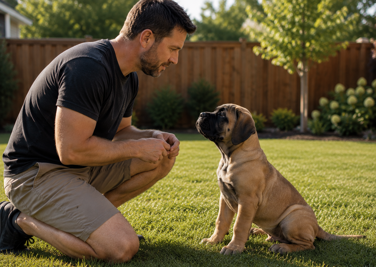 Pet owner building clear communication and engagement with a Bullmastiff puppy during a foundation training session.