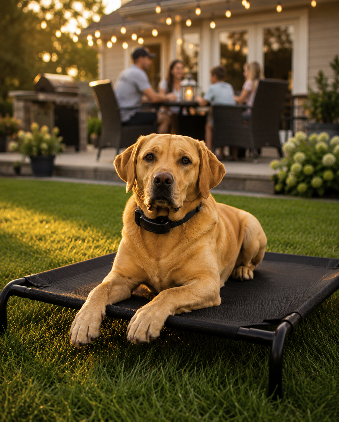 Yellow lab in backyard on dog mat place command