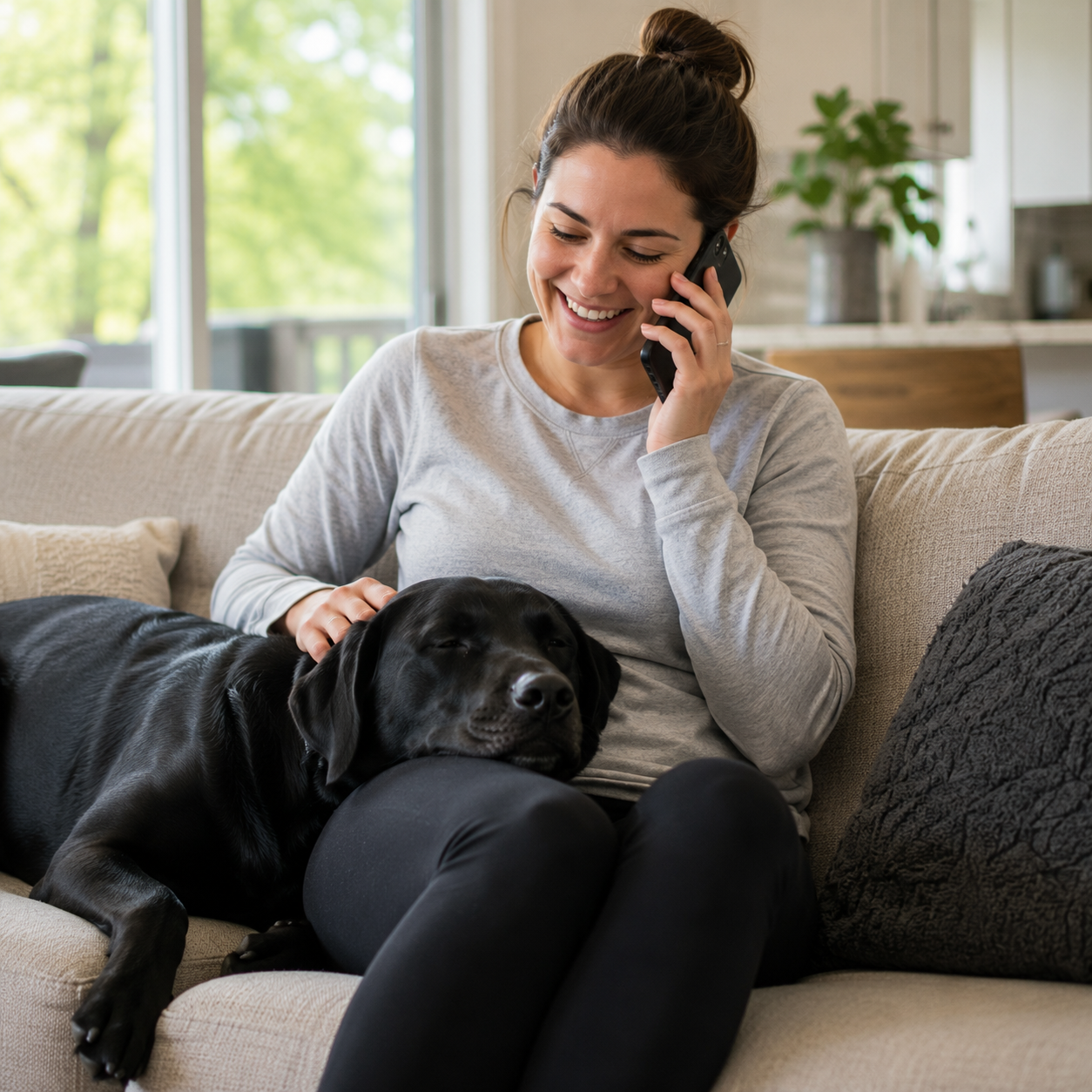 Woman participating in a foundation training consultation while her dog relaxes on her lap.