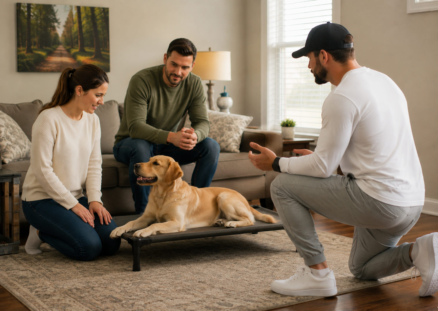Dog trainer working with family providing education on place command.