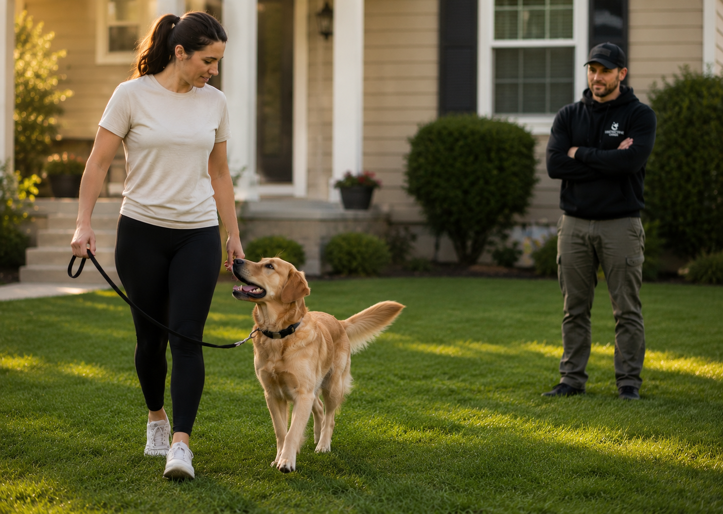 Owner walking dog on-leash while trainer watches on for support.
