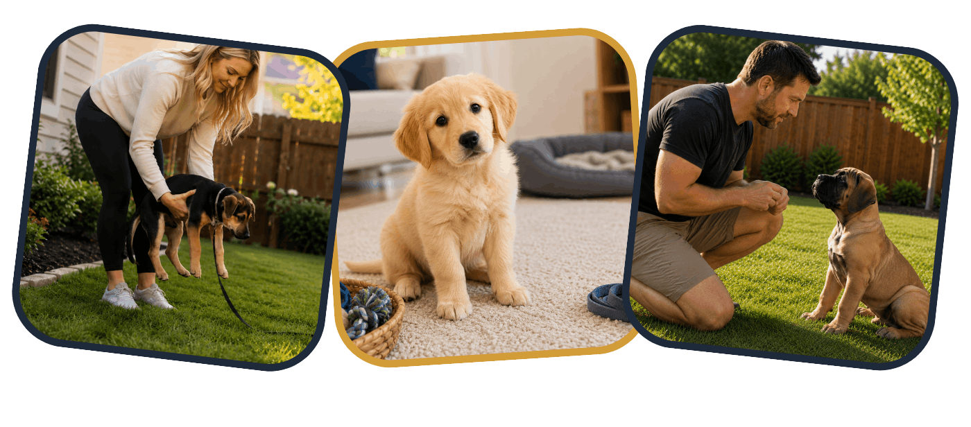 Puppies learning early skills through potty training, home routines, and one-on-one puppy training with their owners.