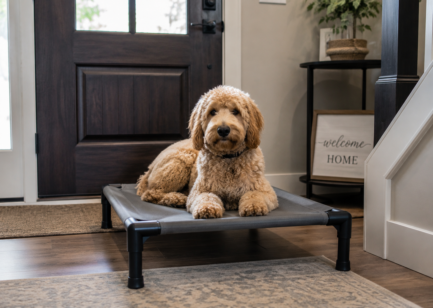 Goldendoodle calmly waiting on a place bed while practicing reliable household manners through foundation training.