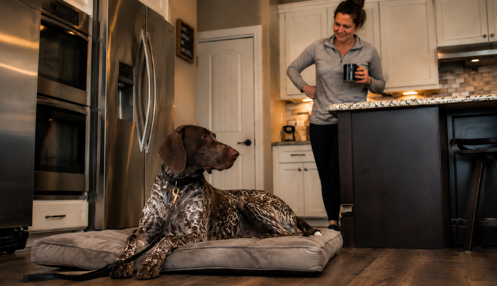 Owner feeling positive that dog is on a place command on the kitchen floor.